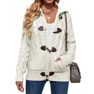 💜Caslon Ivory Cable Knit Button Hooded Long Sleeve Cardigan Medium